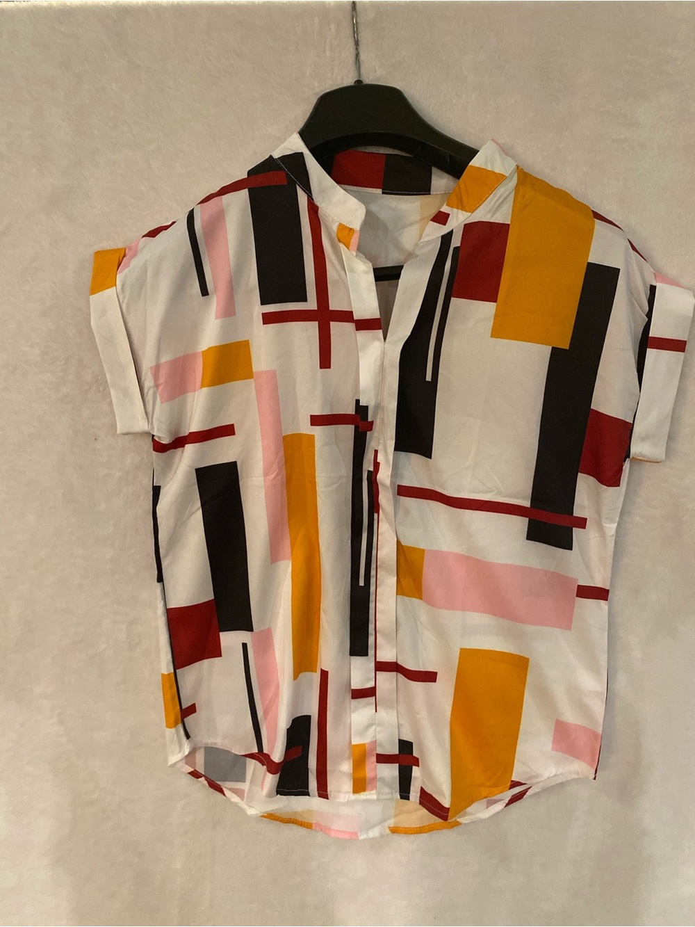 Abstract Geometric Button-Front Blouse in White, Mustard & Black